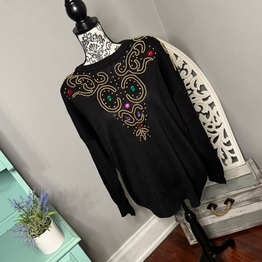 VINTAGE Mister Noah Embellished Bead Jewel Crew Neck Sweater Size 20W Holiday